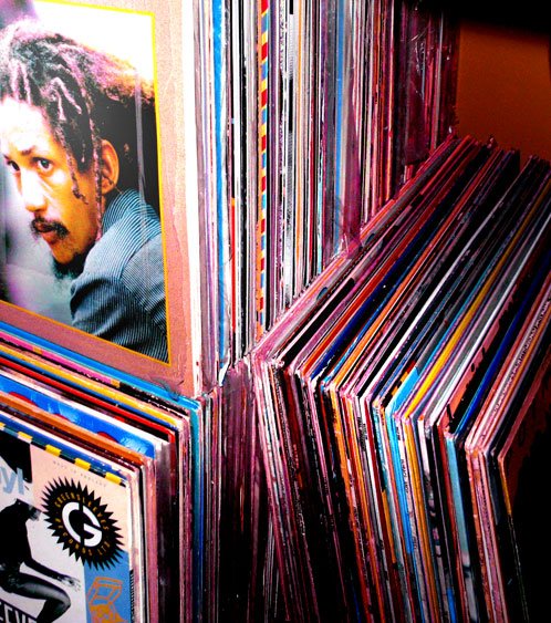 Shelves of reggae vinyl records, used as context for Rockers International record culture