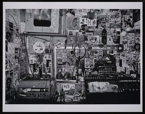 Black and white photograph of the interior of Lee Perry’s Black Ark studio.