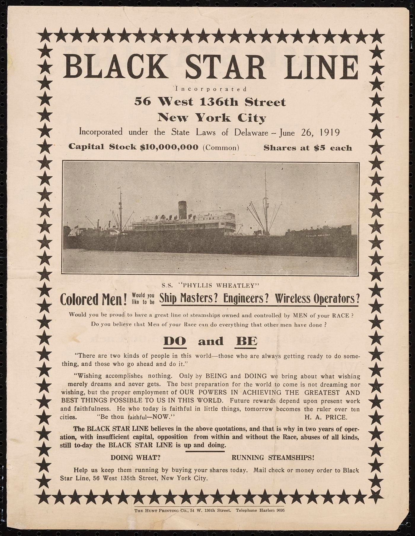 1919 Black Star Line broadside advertising shares and employment opportunities.