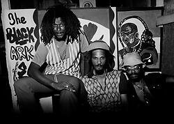 The Congos photographed in front of a Black Ark sign.