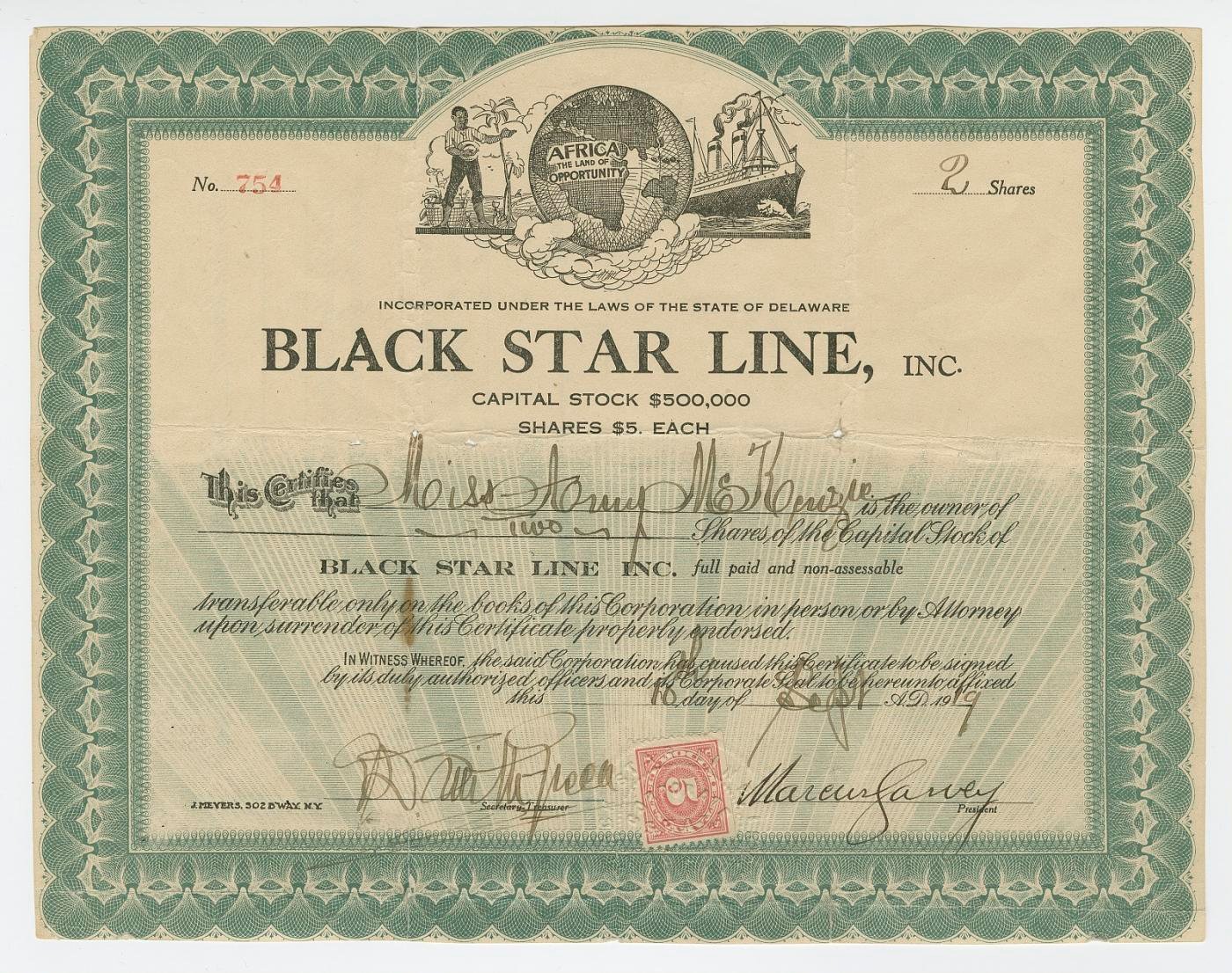 Black Star Line stock certificate issued to Amy McKenzie in 1919.