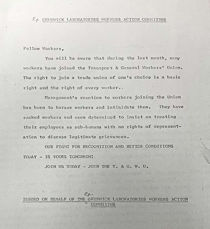 1977 Grunwick Laboratories Workers Action Committee communication.